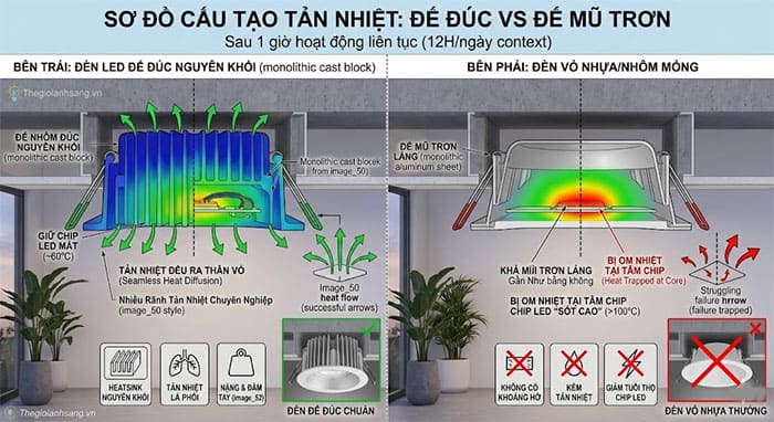 Mặt cắt mô phỏng cấu tạo đèn led âm trần với trọng tâm là bộ phận tản nhiệt đúc khối phía sau